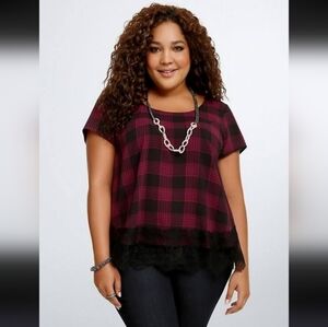 Torrid Pink Black Plaid Short Sleeve Lace Hem Curtain Back Women Plus Size 2X